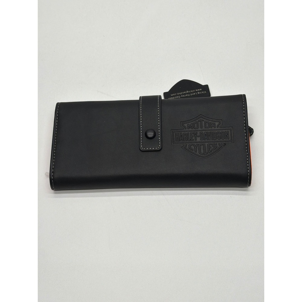 Harley-Davidson Black Faux Leather Trifold Clutch Wallet Orangeโ Honeycomb NEW